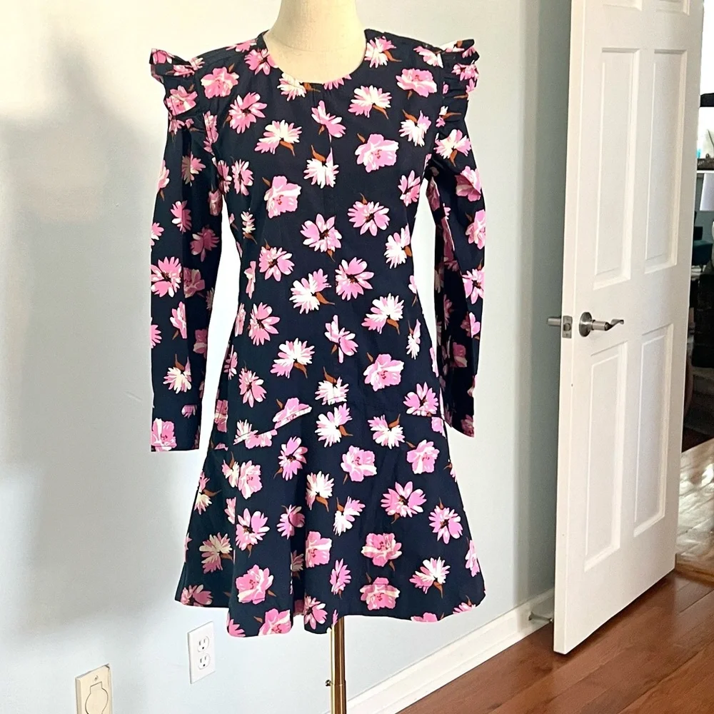 Free Assembly,Navy/Pink Floral, Ruffle Shoulder,Side Zip,Fit-Flare Dress Size XS - Picture 5 of 11